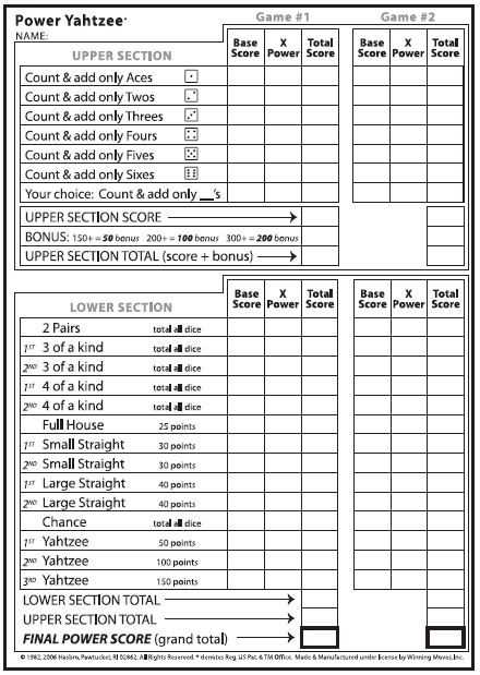 yahtzee card printable