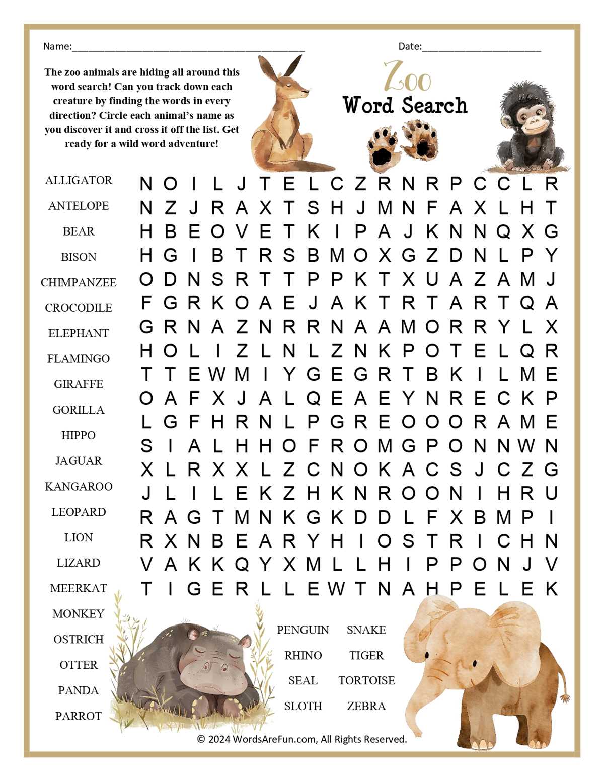 animal word search printable