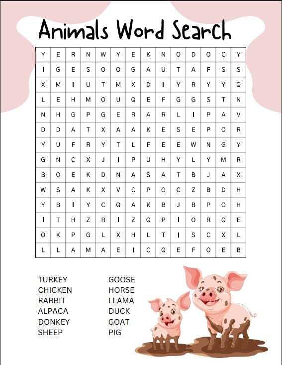 animal word search printable