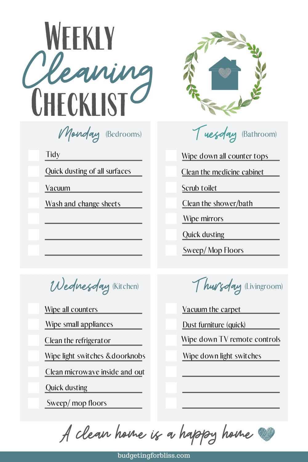 weekly house cleaning checklist printable