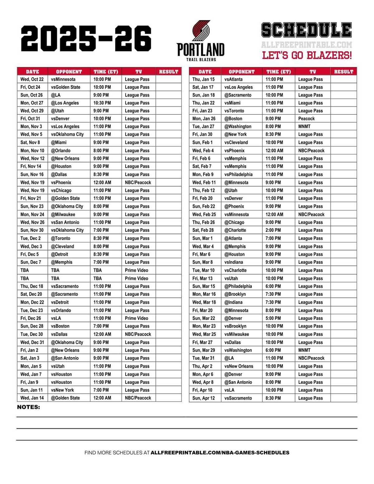 printable trail blazers schedule