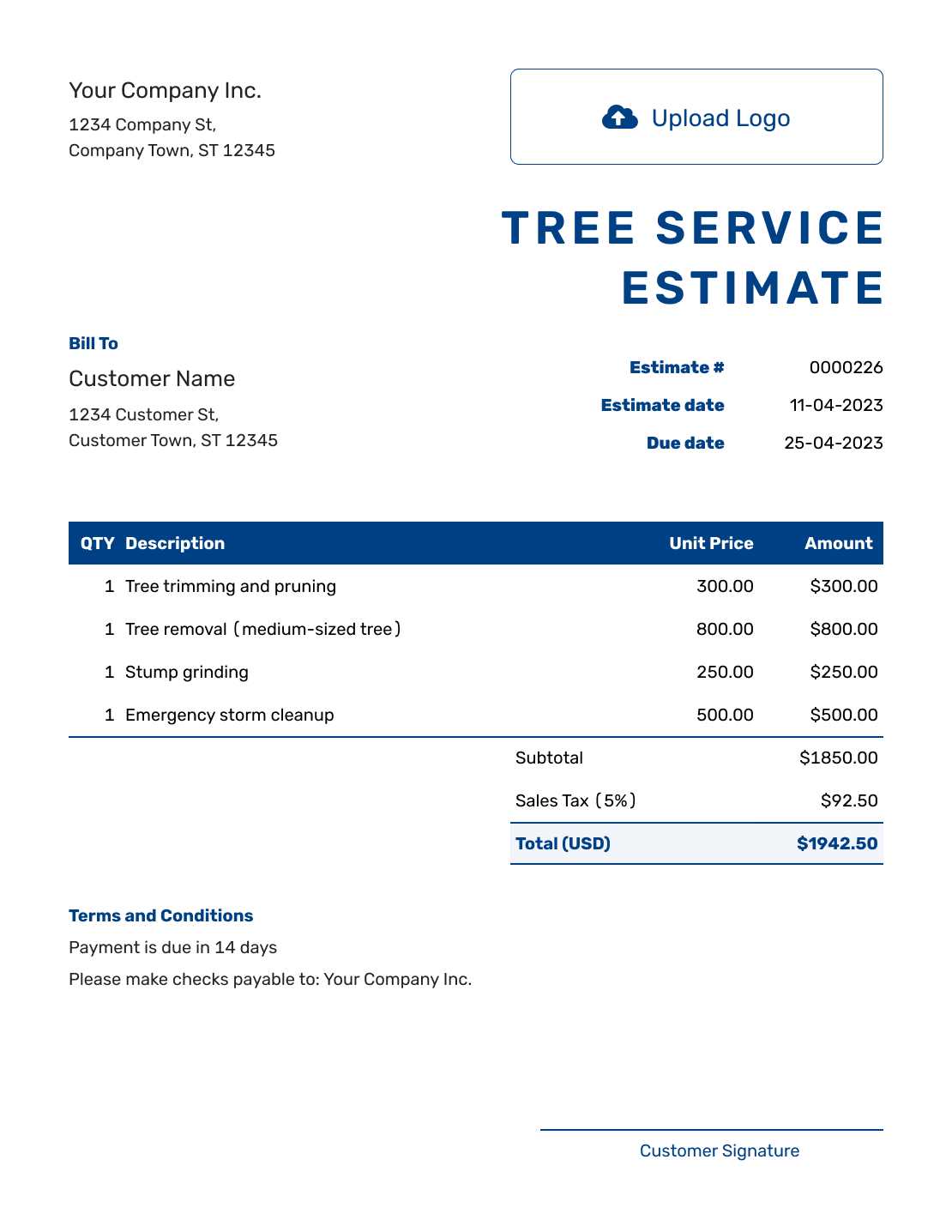 printable tree service estimate template