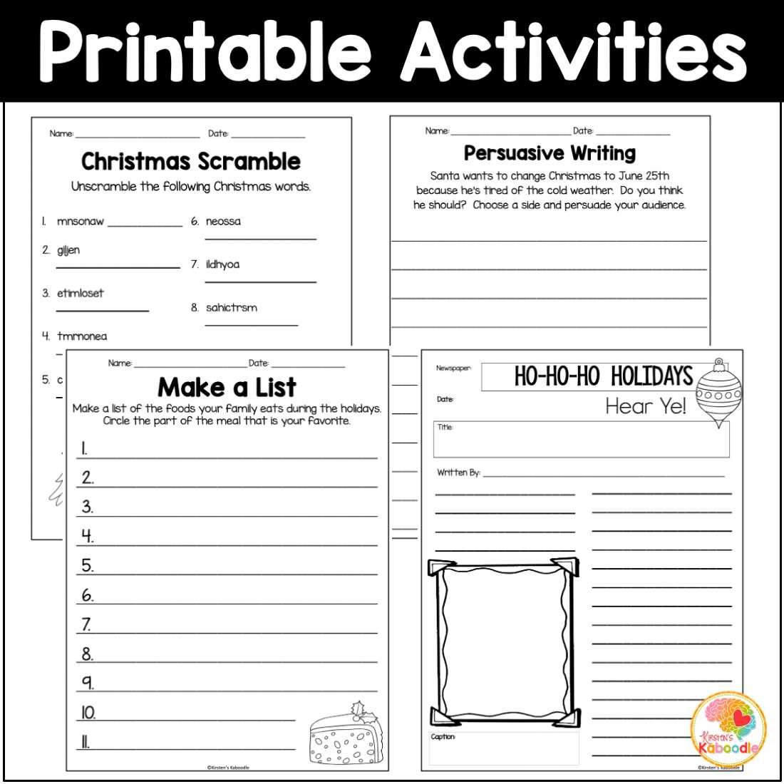 christmas printable worksheets