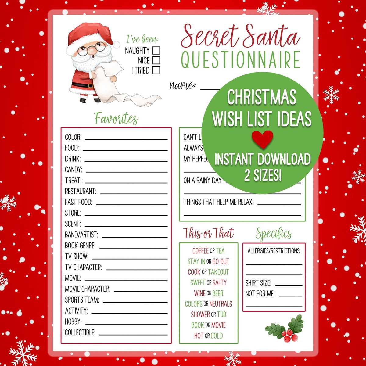 christmas secret santa wish list printable free
