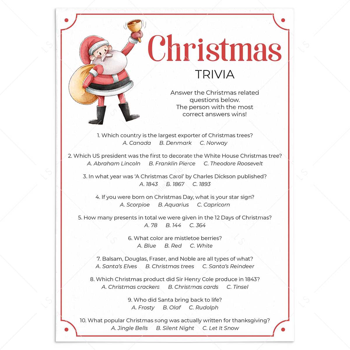christmas trivia with answers printable