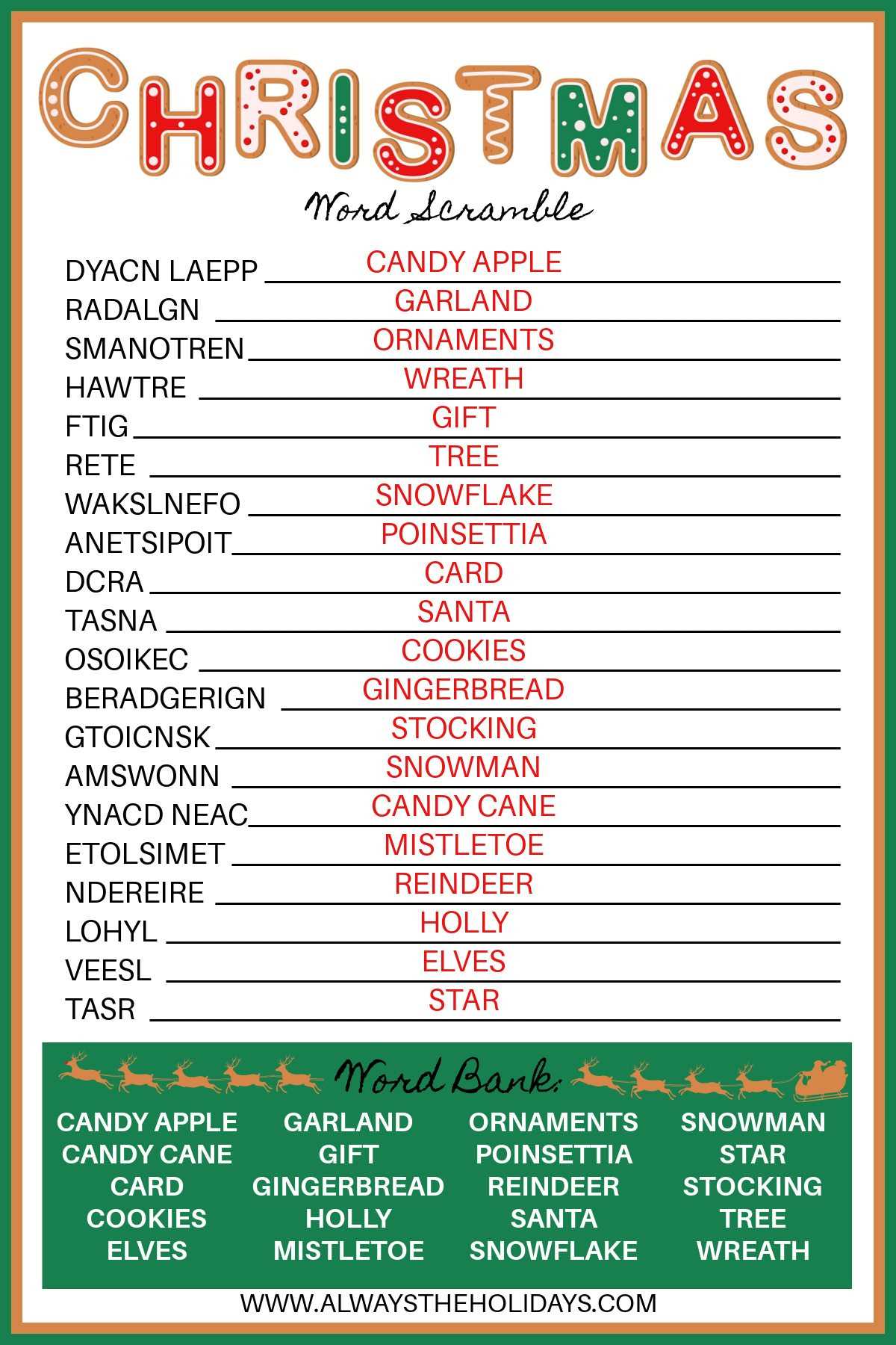 christmas word scramble printable