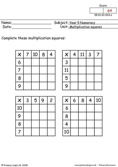 multiplication squares printable