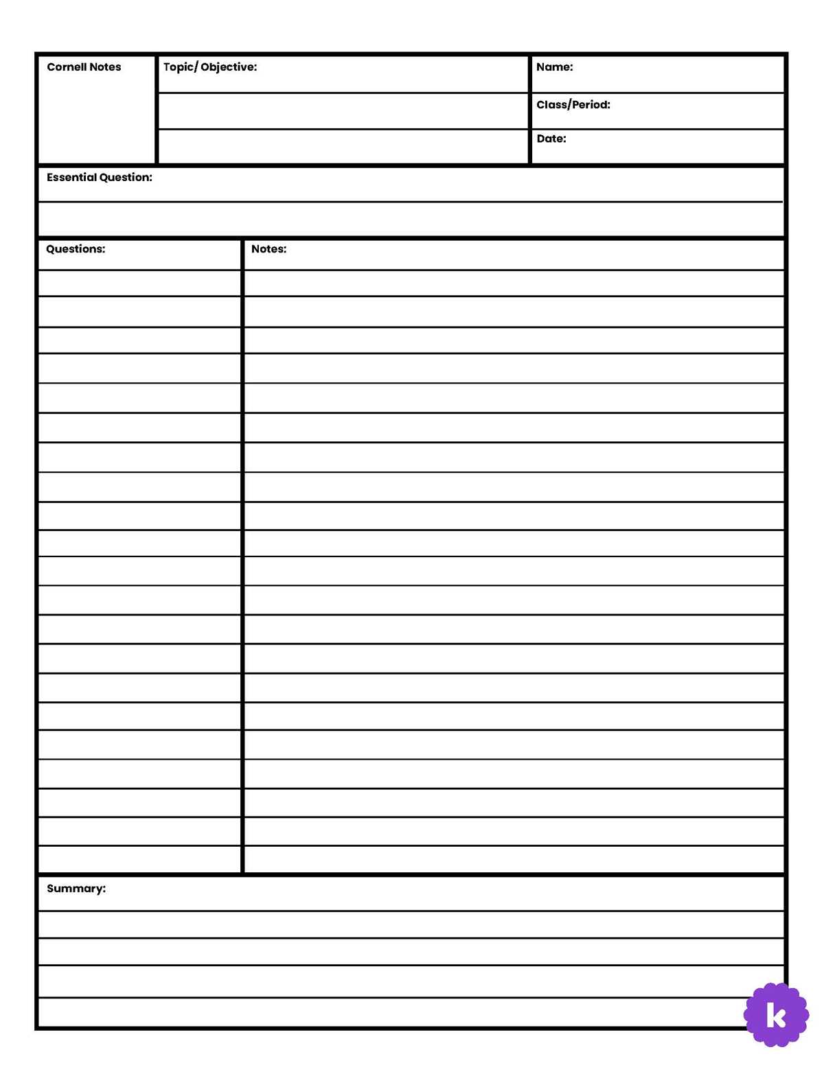 cornell notes template printable
