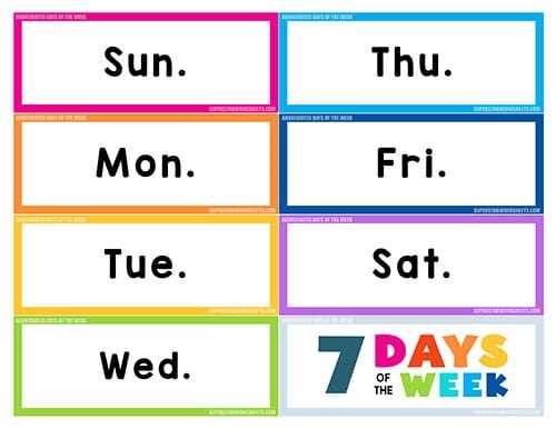 days of week printable free