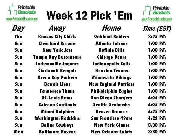 nfl schedule week 12 printable