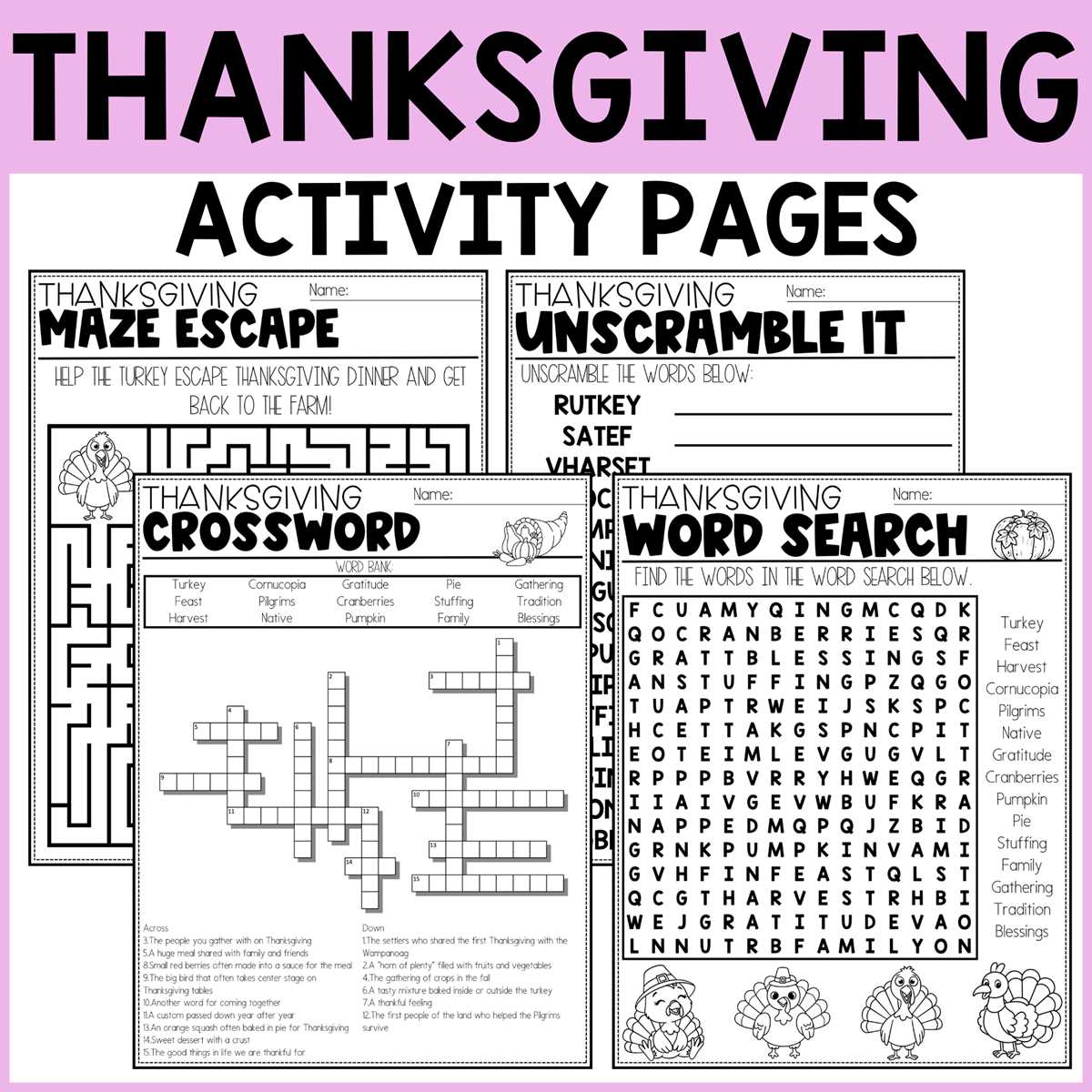 free printable thanksgiving activity sheets