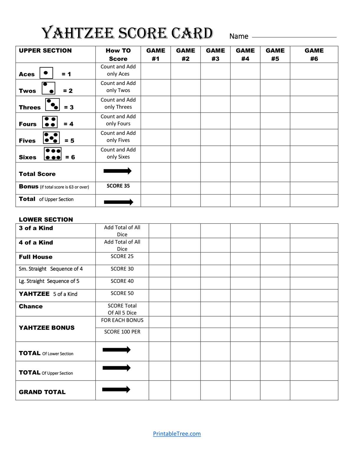 yahtzee score cards printable