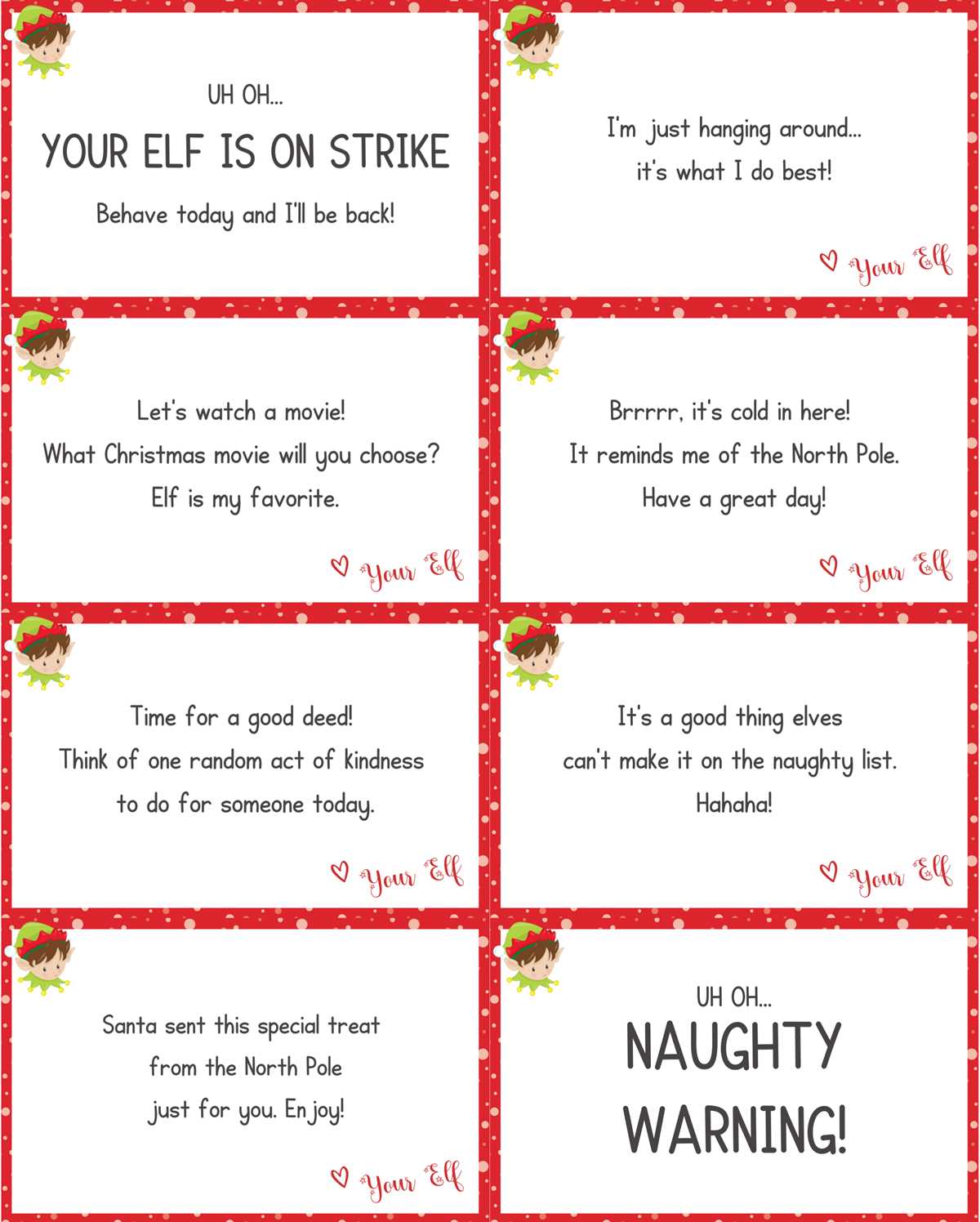 elf on a shelf printable notes