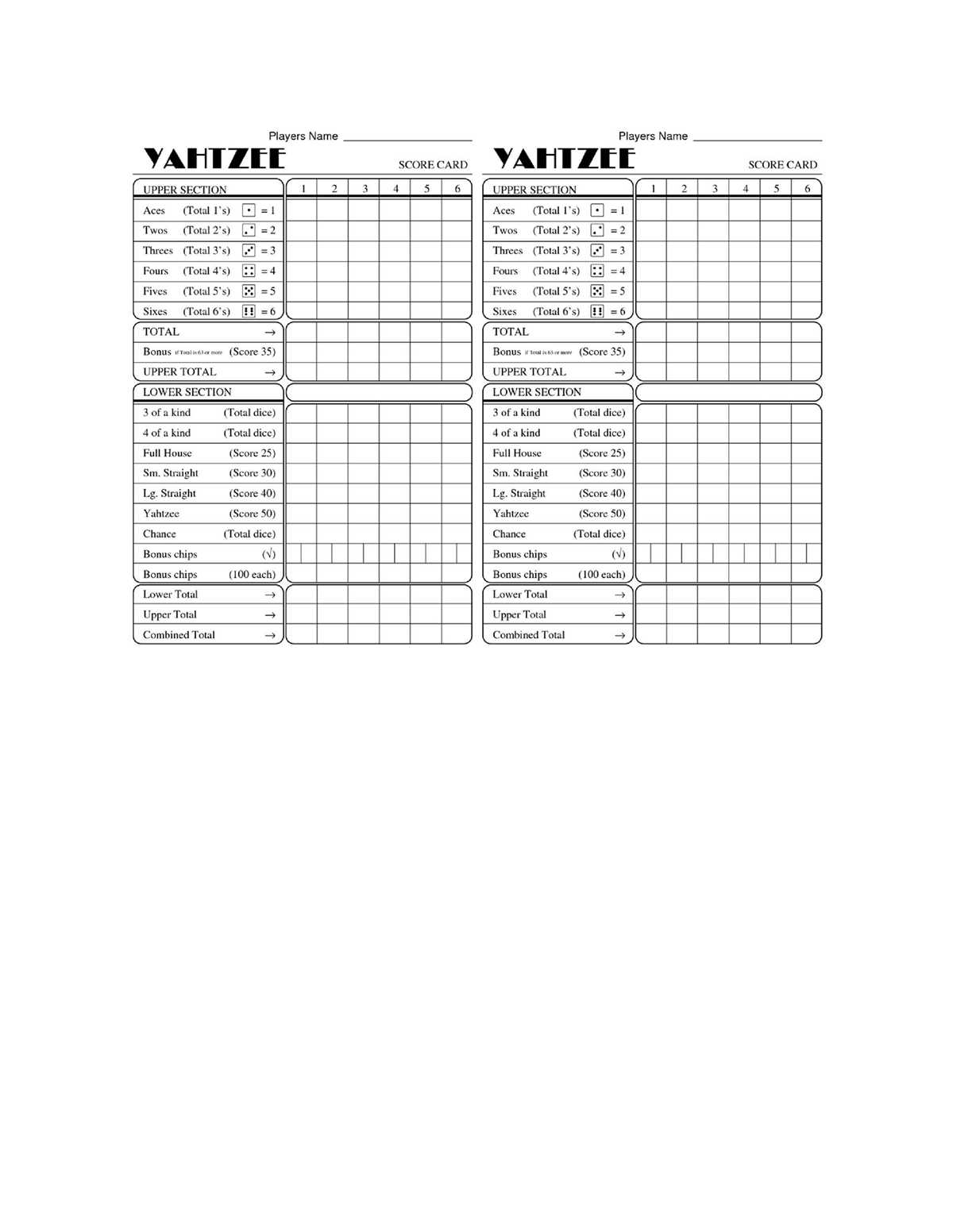 yahtzee score cards printable