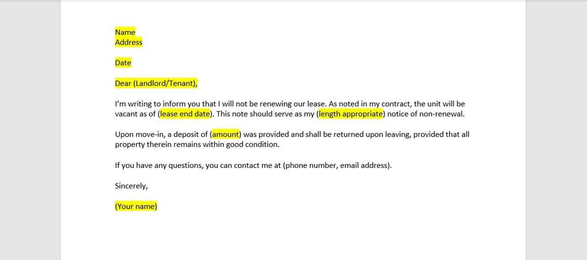 free printable non renewal of lease letter
