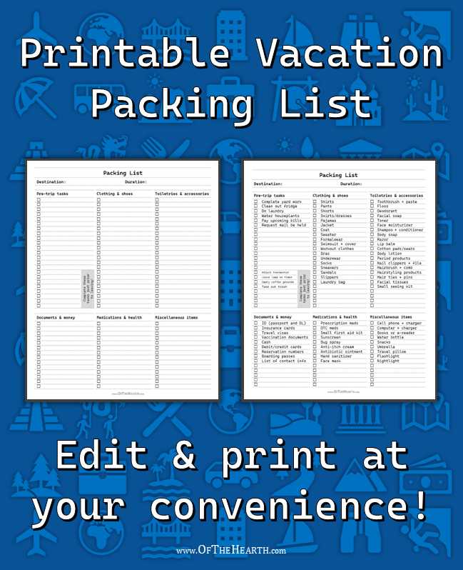 travel packing list printable