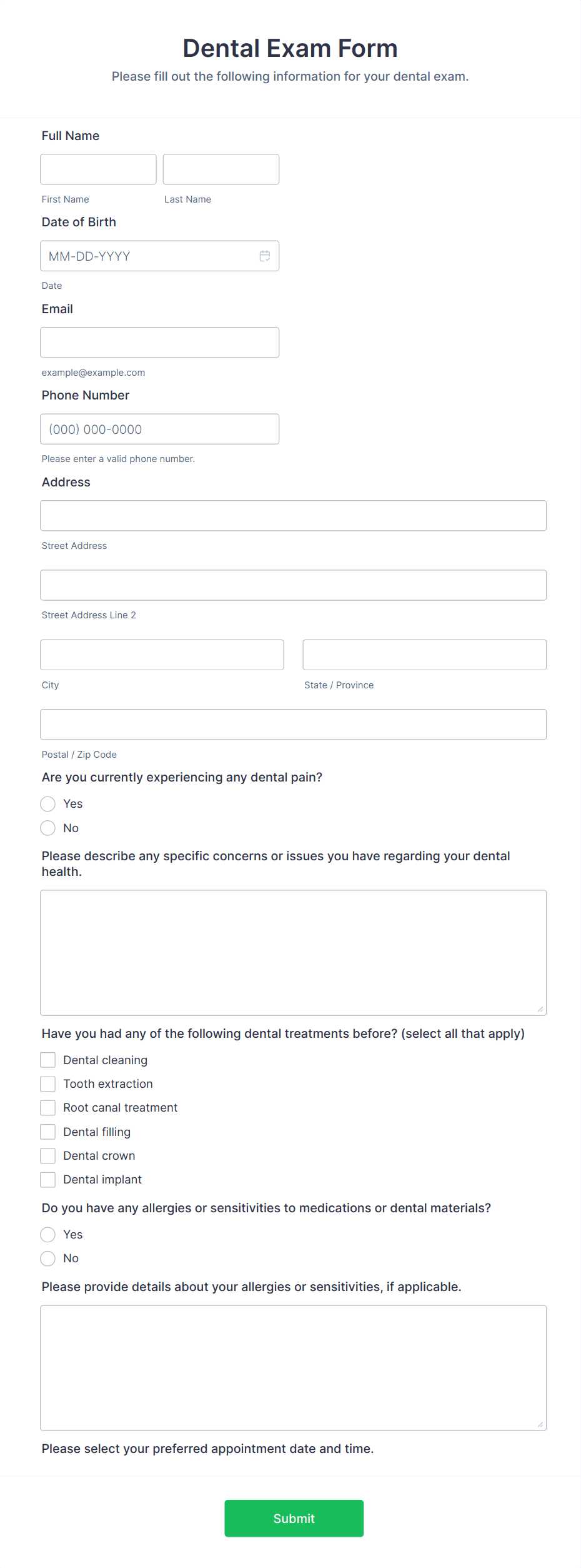 printable dental examination form