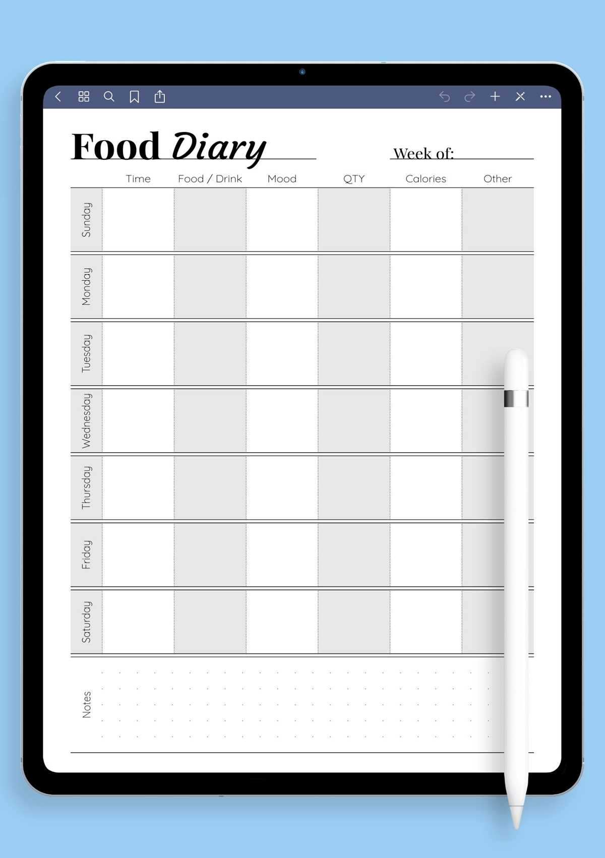 food diary template free printable