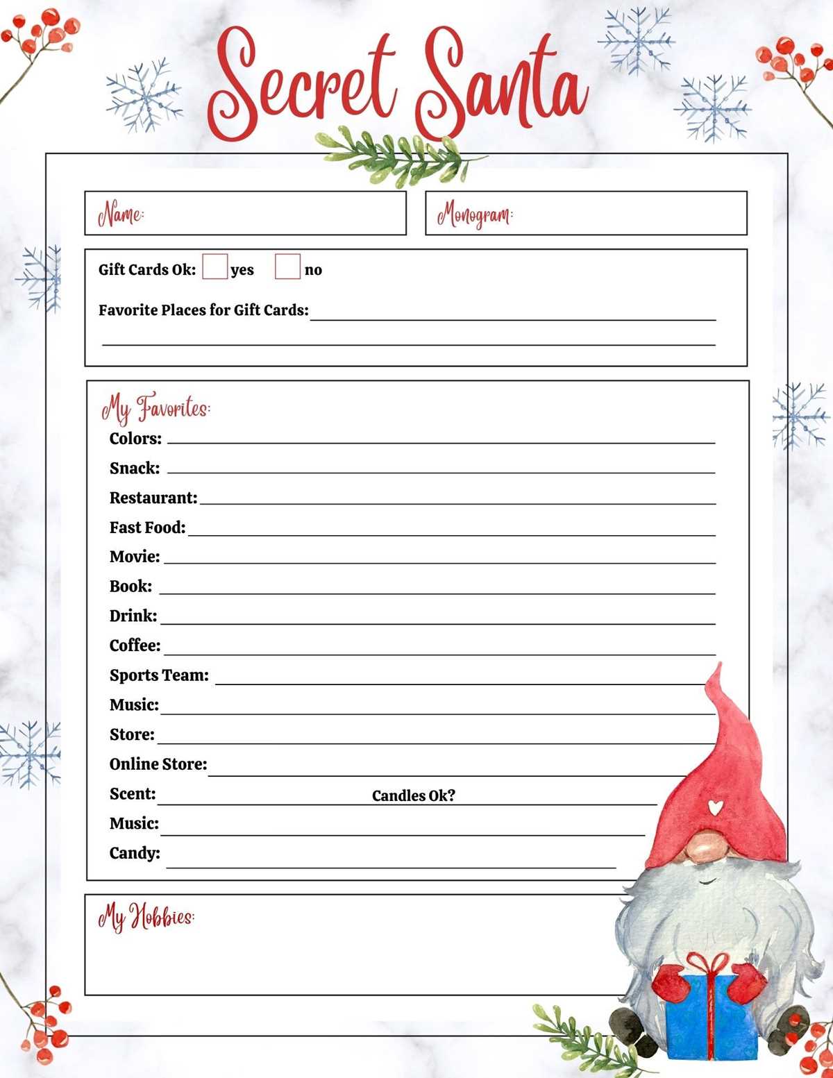 secret santa form printable
