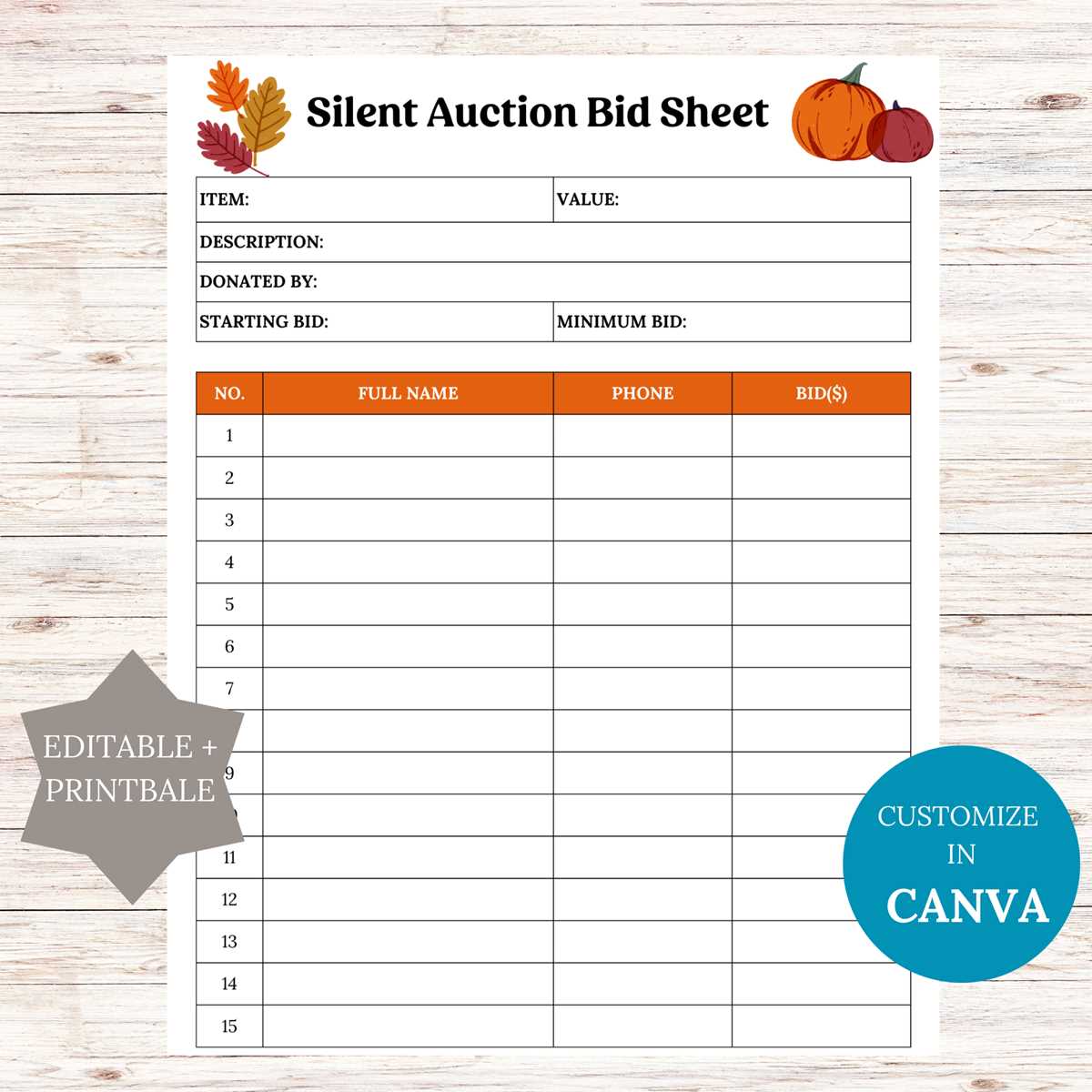silent auction bid sheet printable