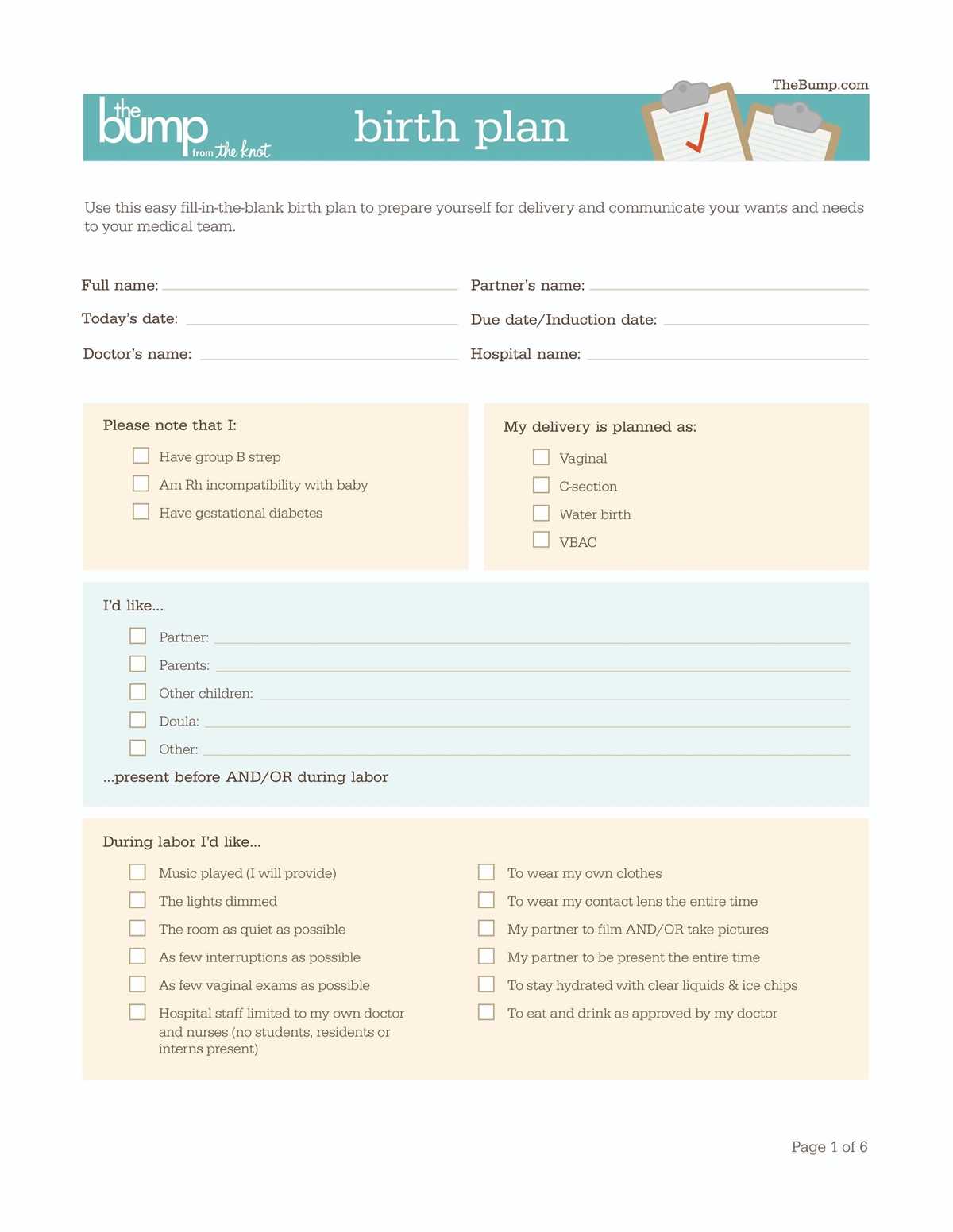 free birth plan printable