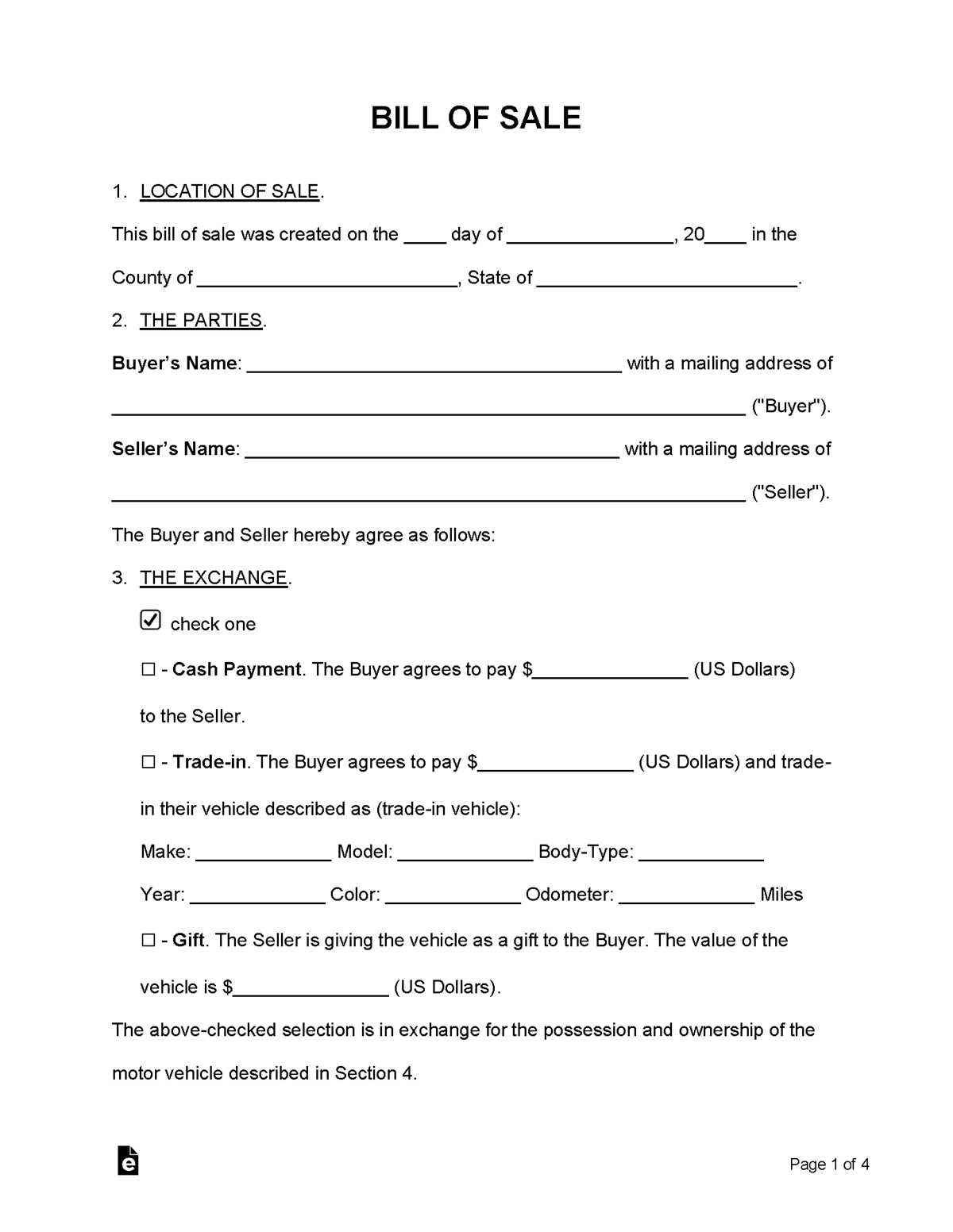 free printable equipment bill of sale form
