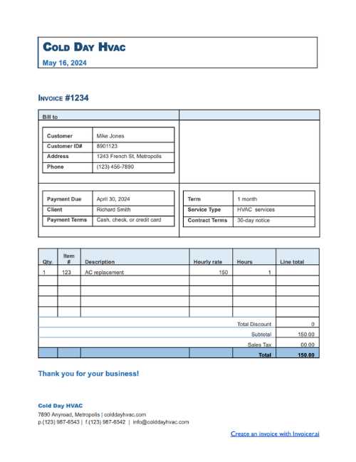 free printable hvac invoice template