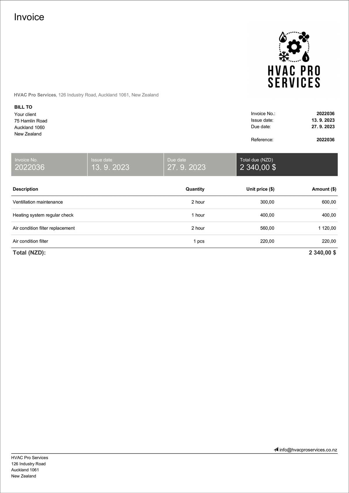 free printable hvac invoice template