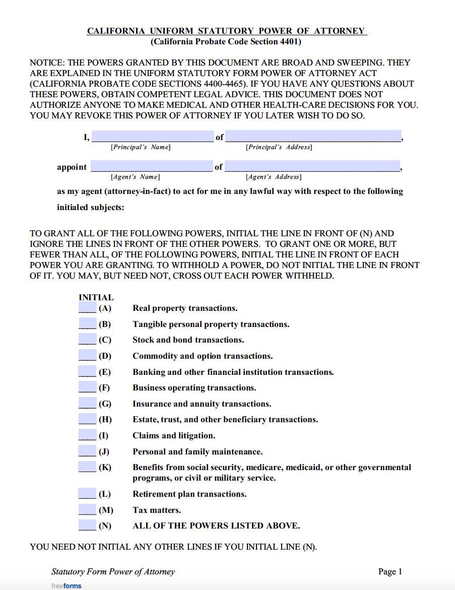 free printable power of attorney form california