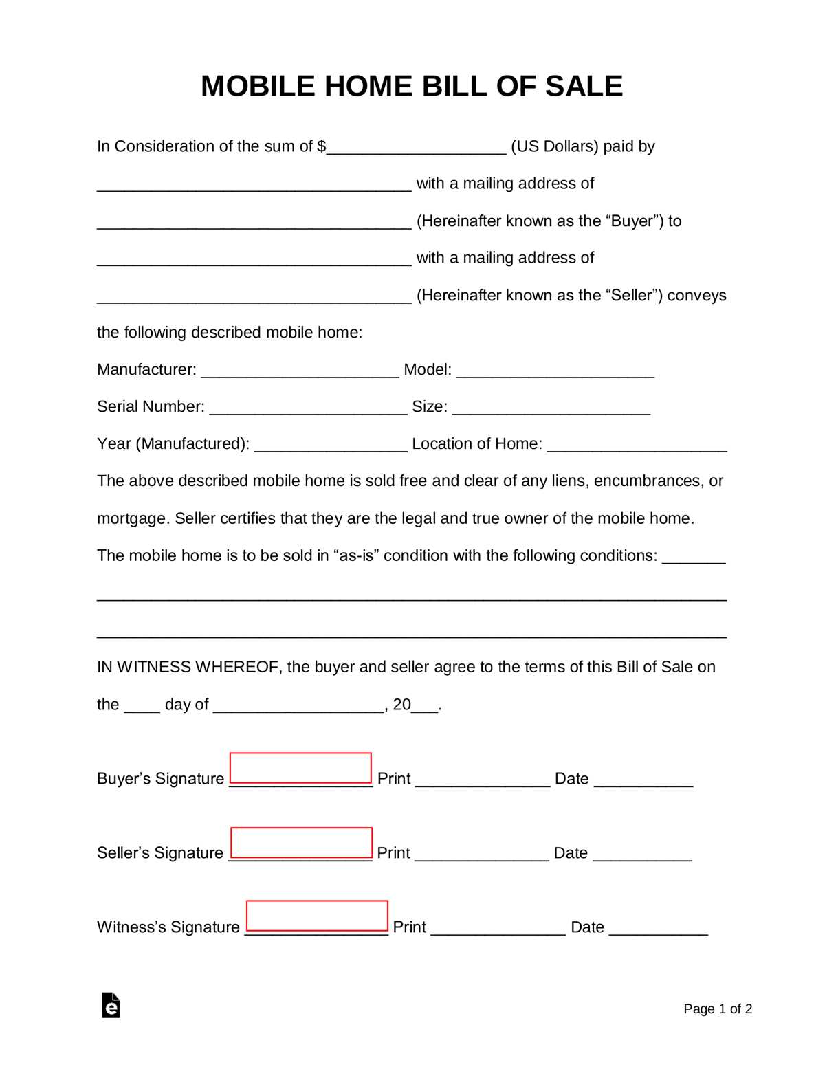 free printable purchase agreement for mobile home