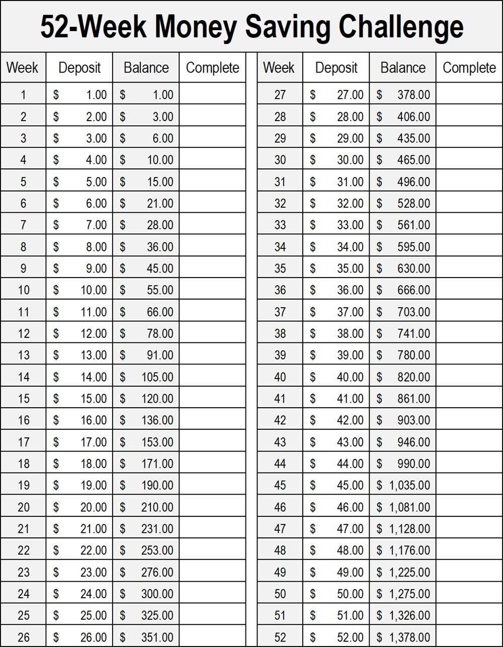 52 week savings challenge free printable