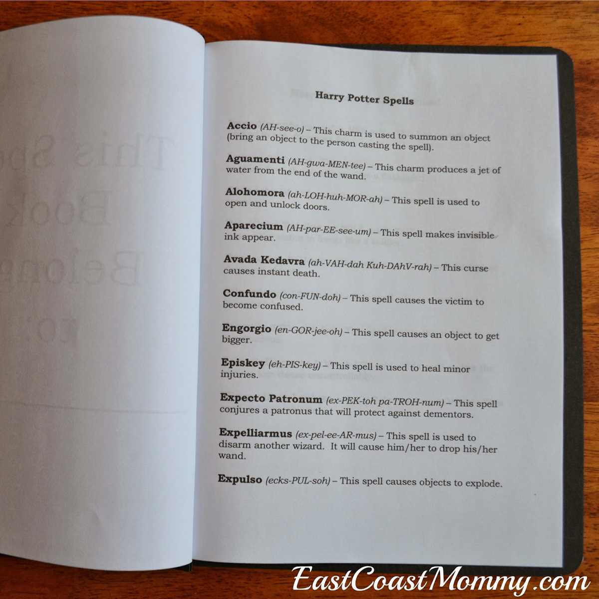 harry potter spells printable