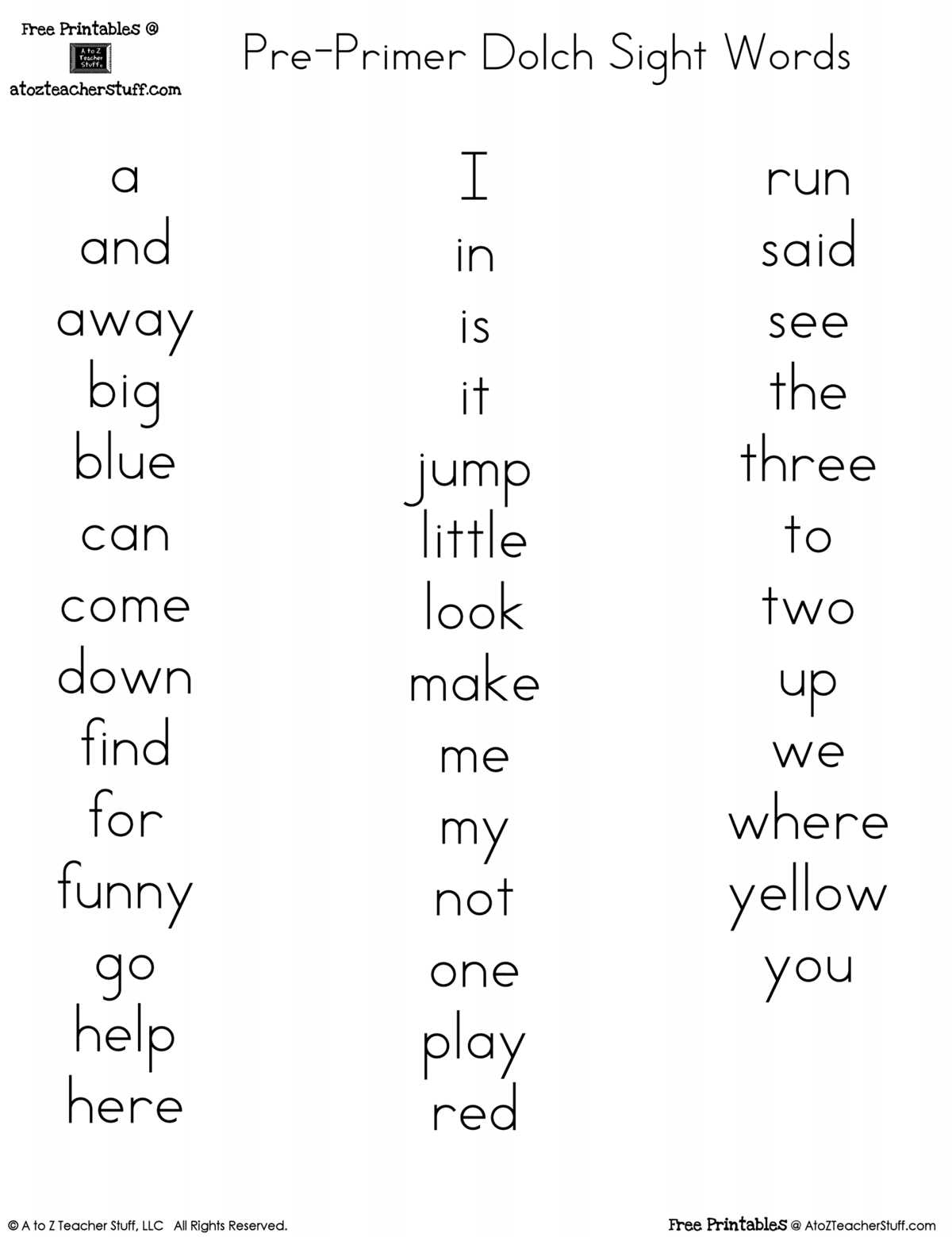 sight words list printable