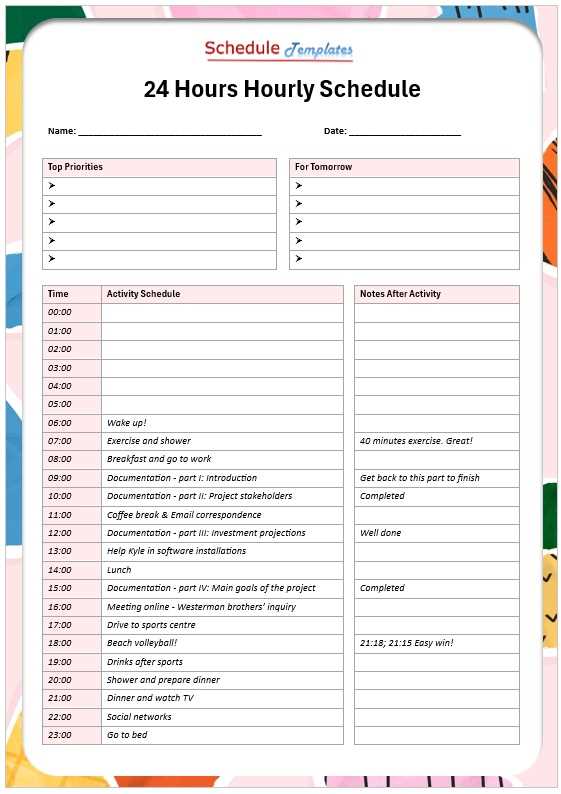 hourly schedule template printable
