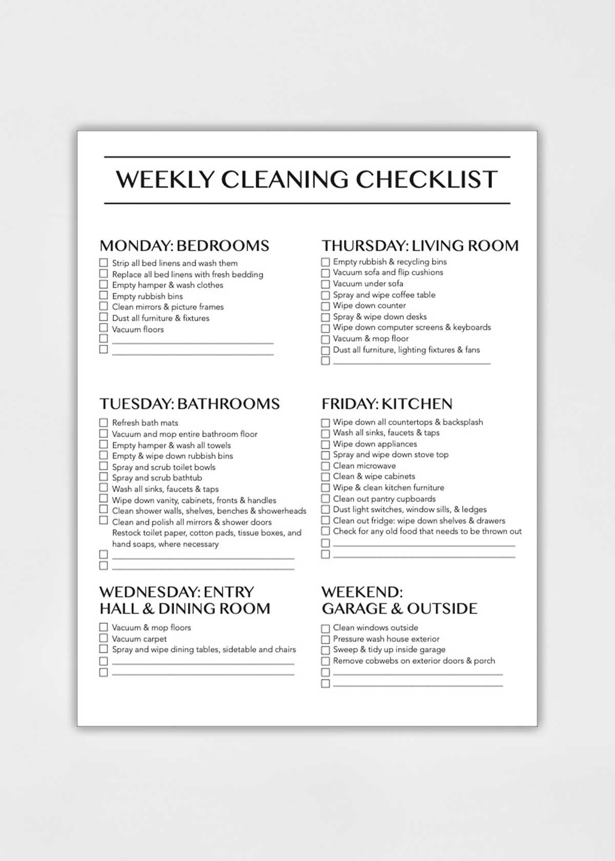 housework checklist printable
