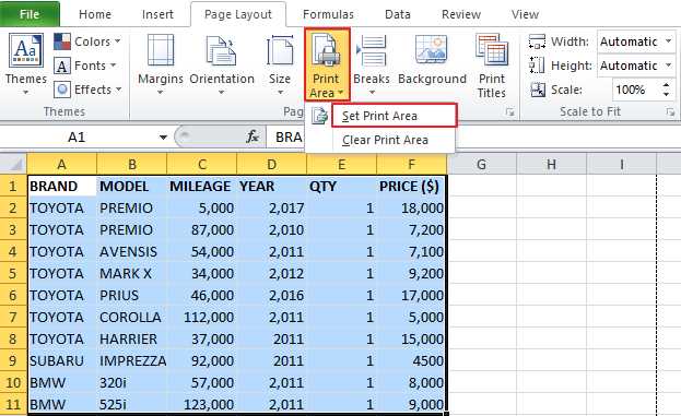 how to adjust printable area in excel