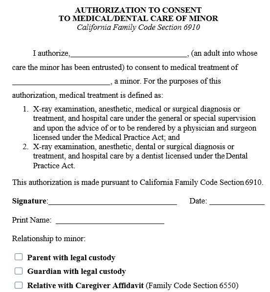 grandparent printable medical consent form for minor
