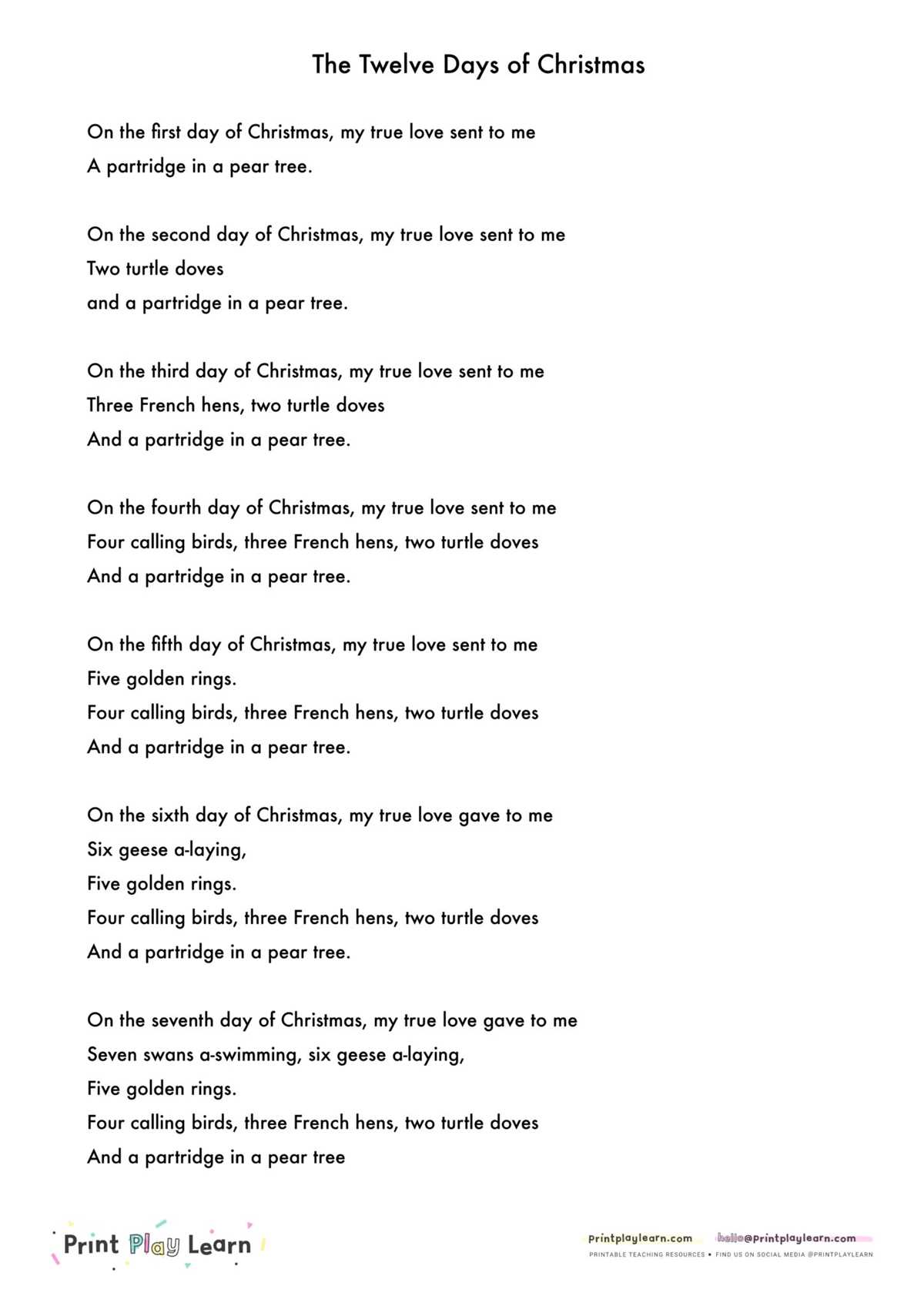 lyrics to the twelve days of christmas printable