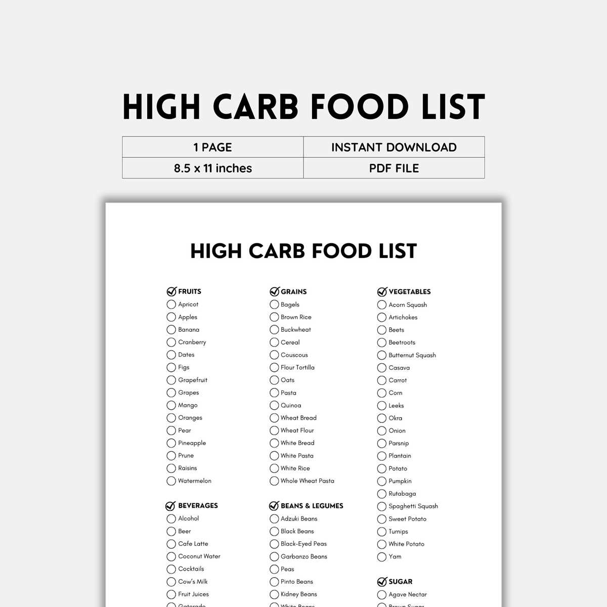 printable list of good carbs