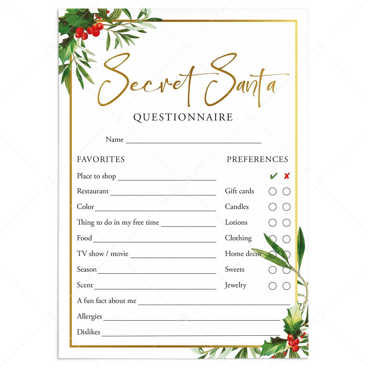 secret santa questionnaire for coworkers printable