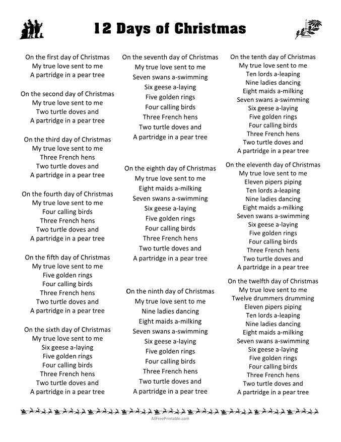 printable lyrics for 12 days of christmas