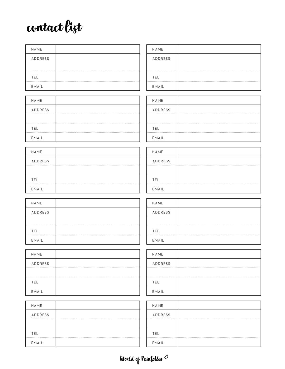 printable contact list template