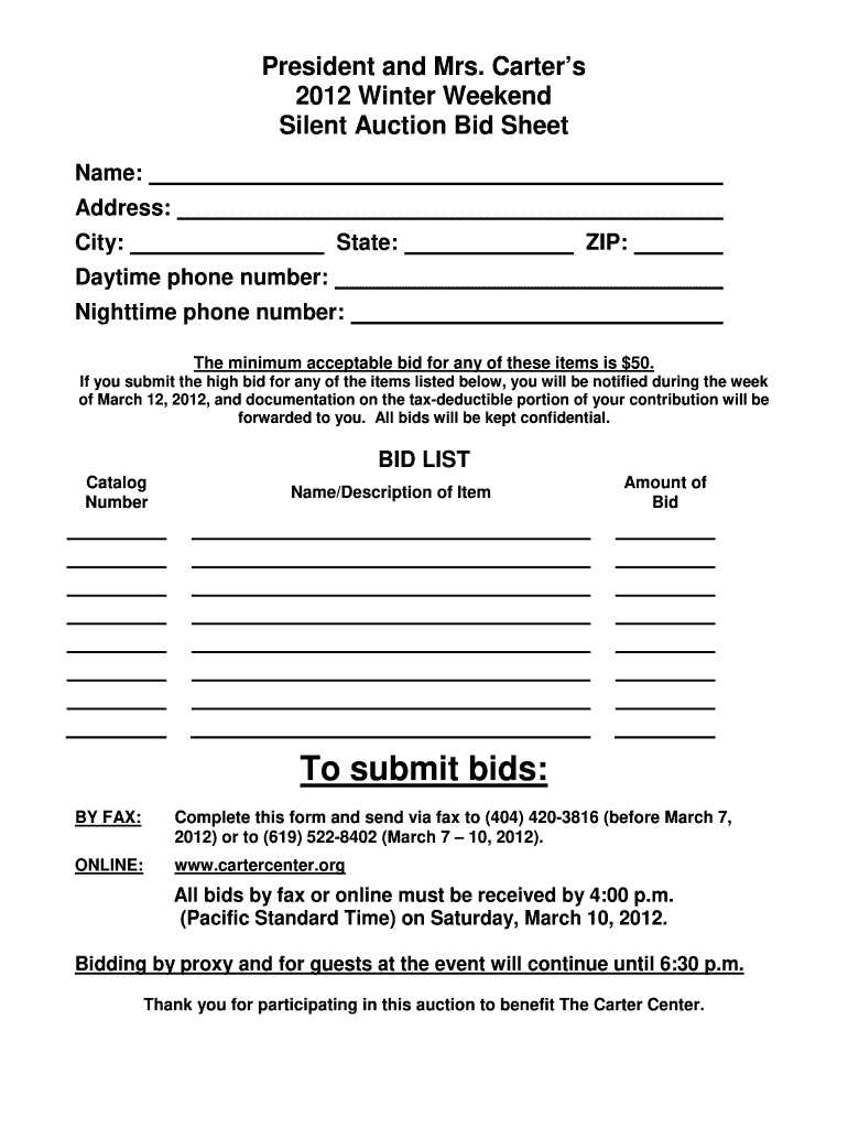 silent auction bid sheet printable