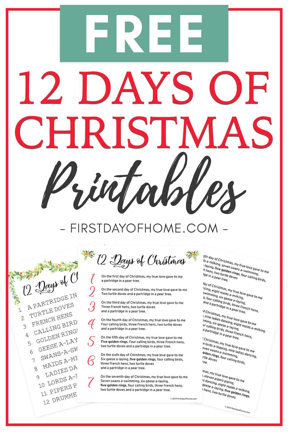 lyrics for the twelve days of christmas printable
