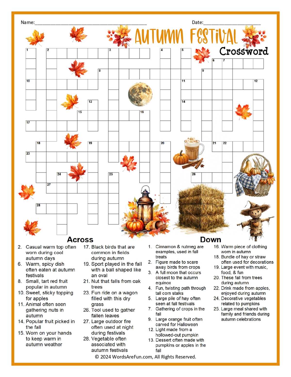 fall crossword printable