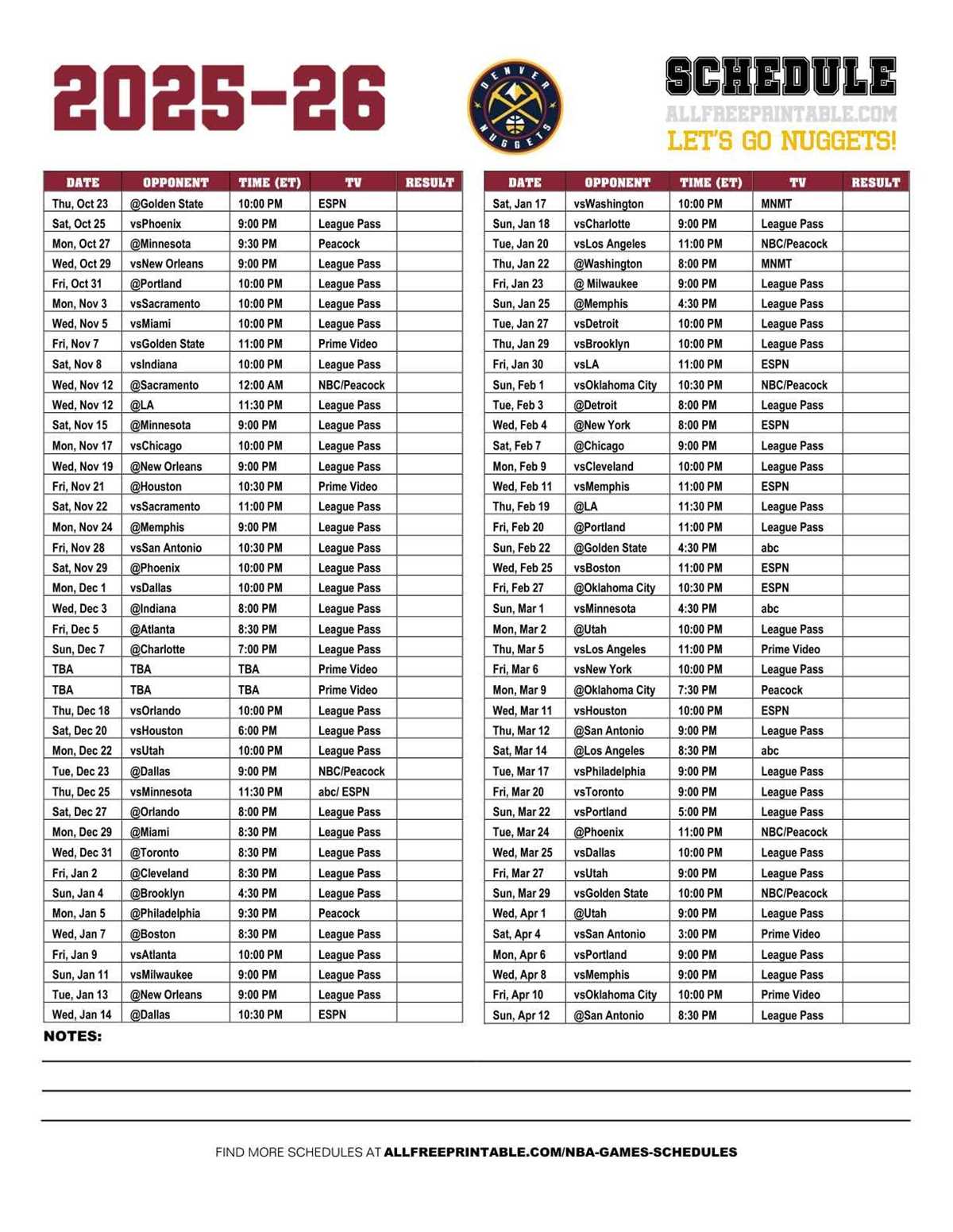 nuggets printable schedule