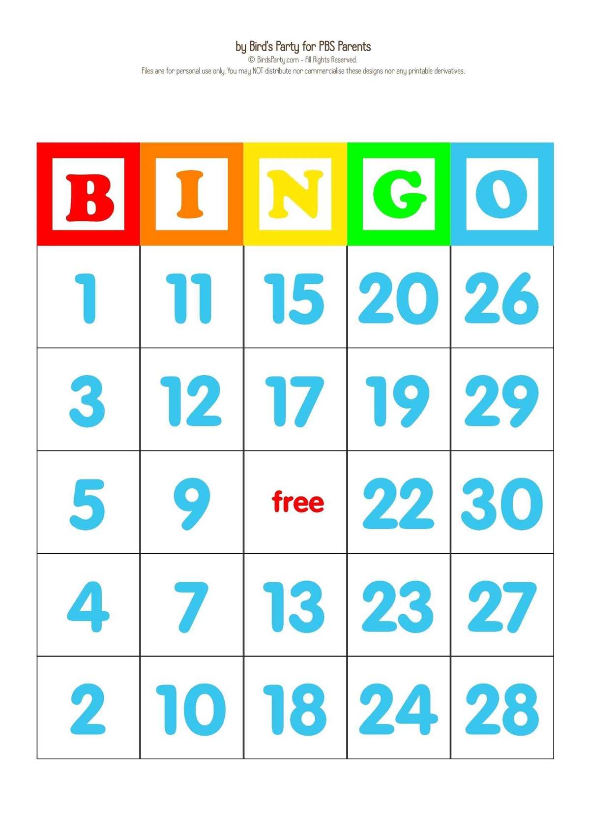 number bingo printable