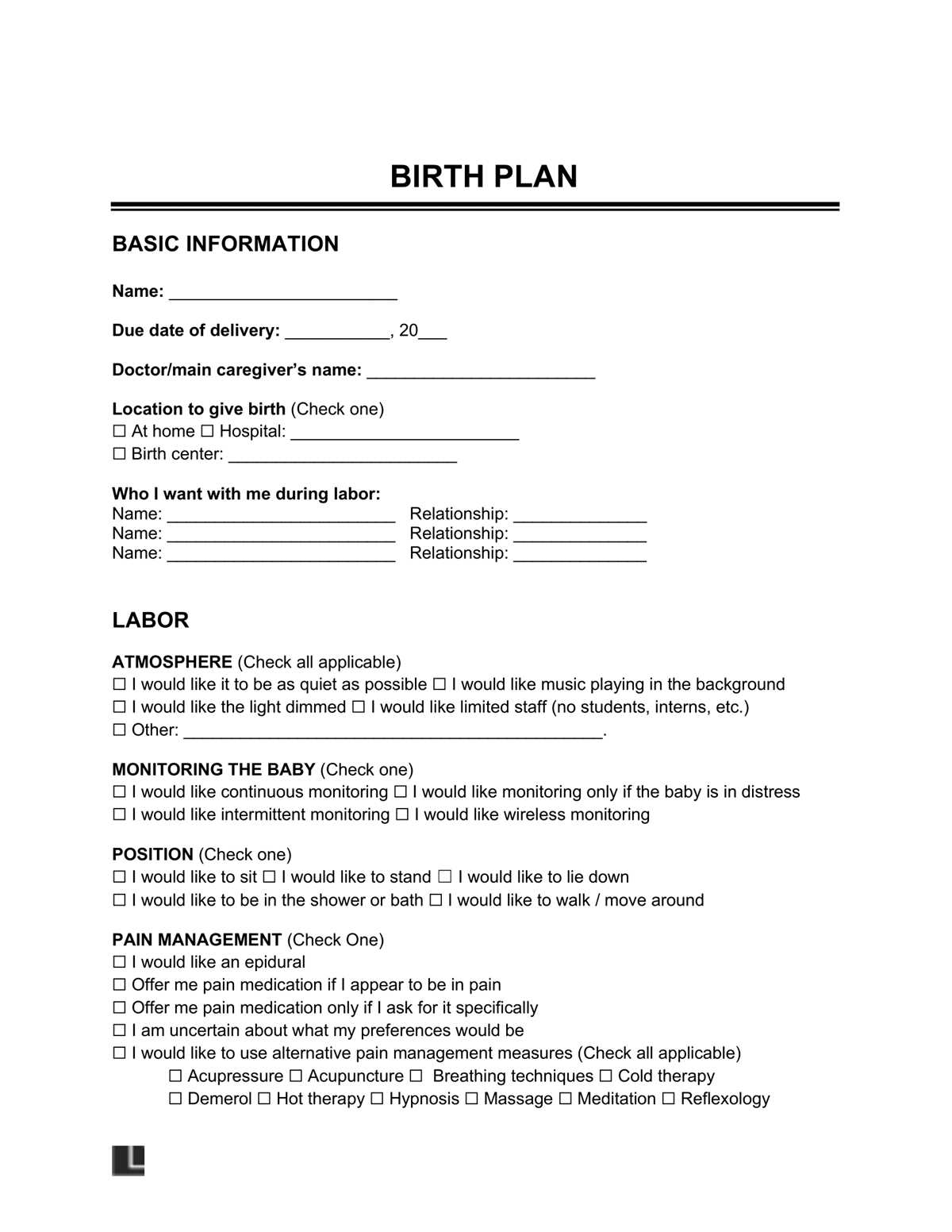 free birth plan printable