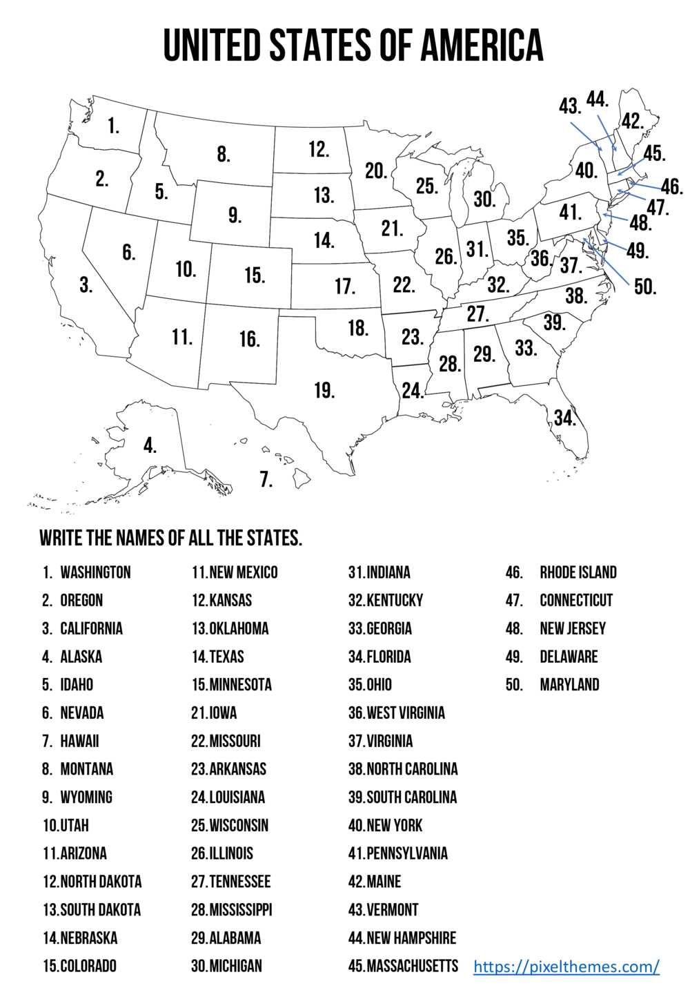 printable list of us states
