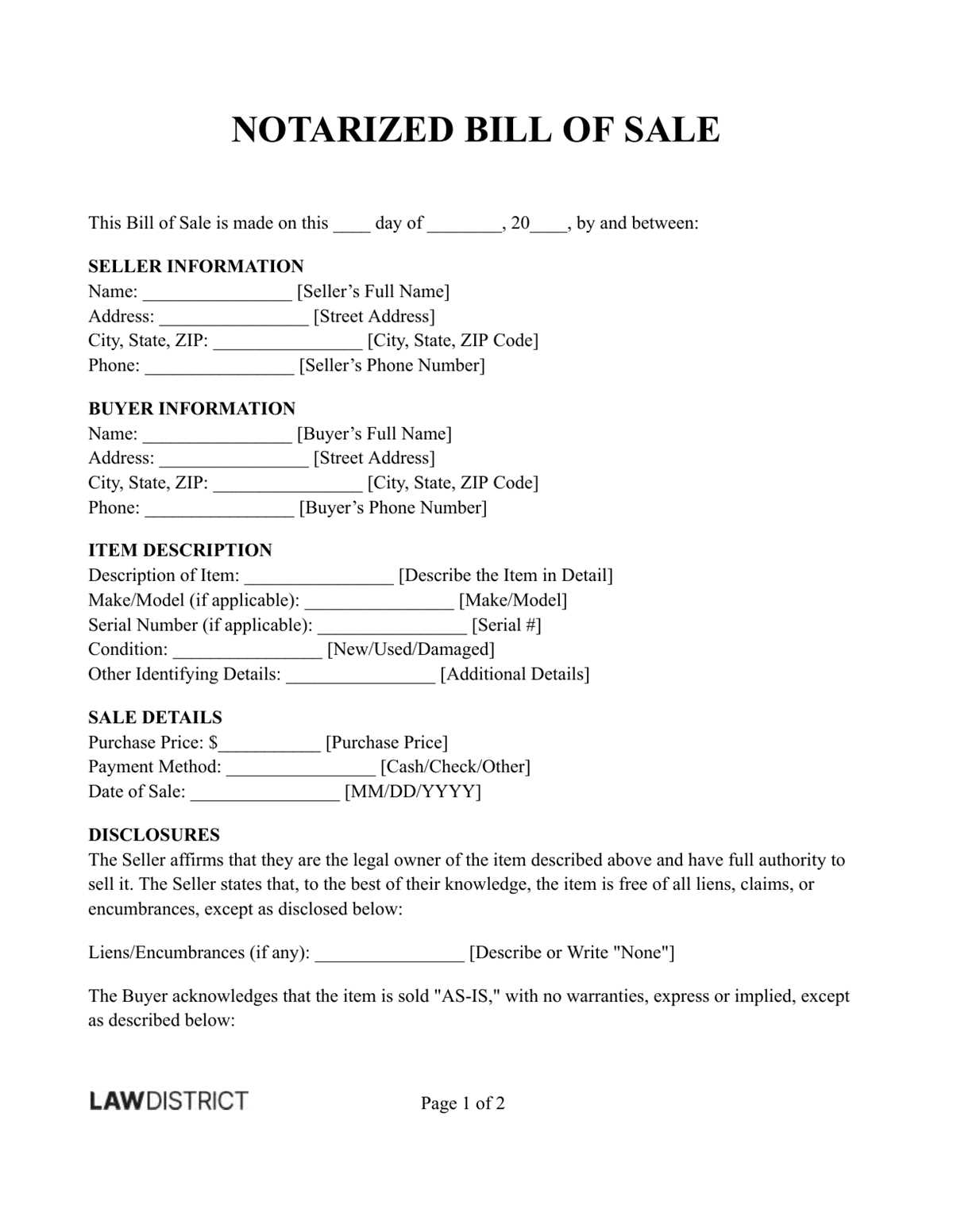 printable bill of sale louisiana without notary
